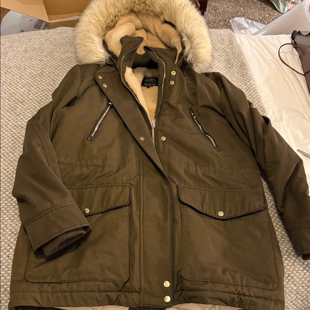 Zara Trafaluc Olive Parka with Faux zip off Fur Hood M